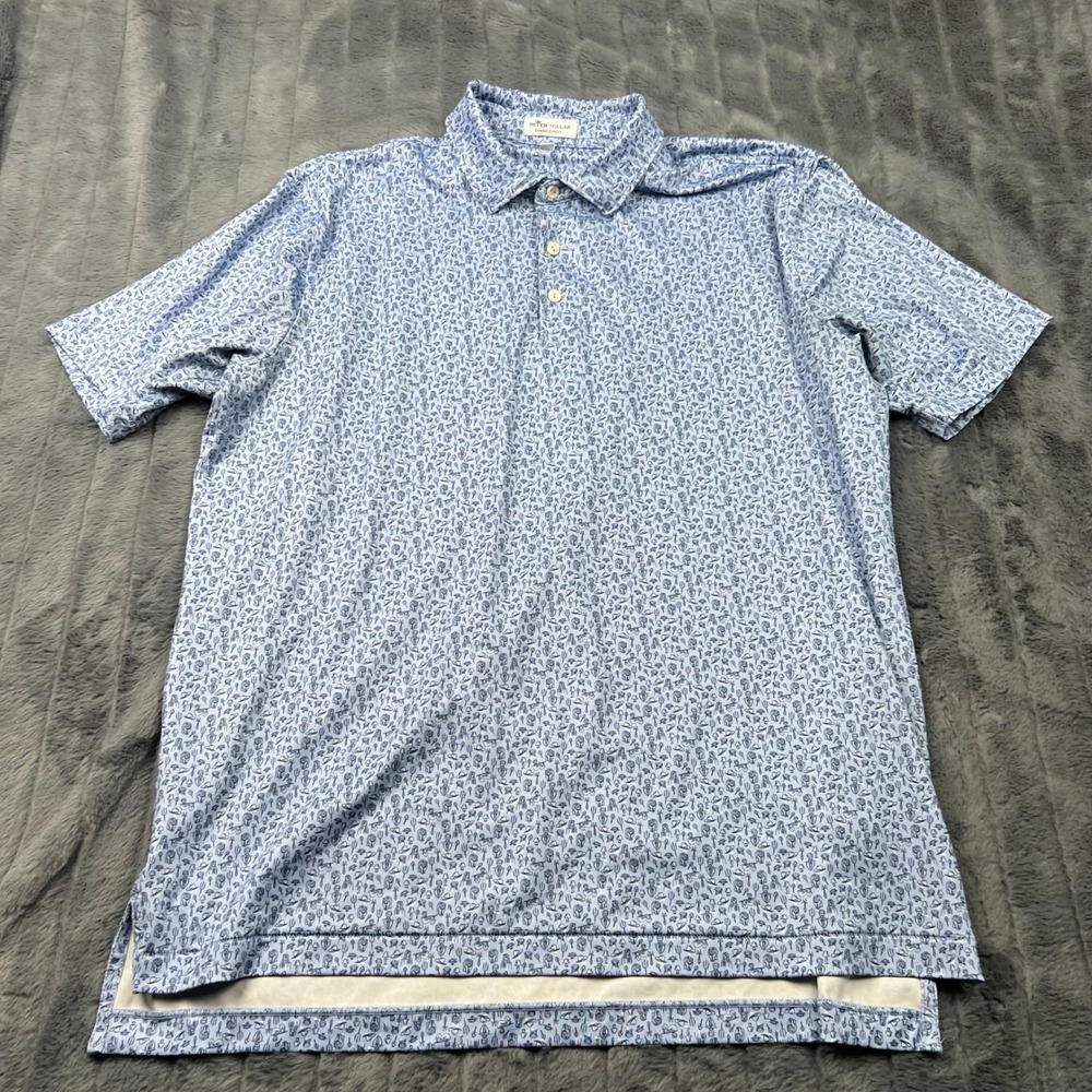 Peter Millar Summer Comfort Polo Shirt Mens L Blue Novelty Print Golf Stretch